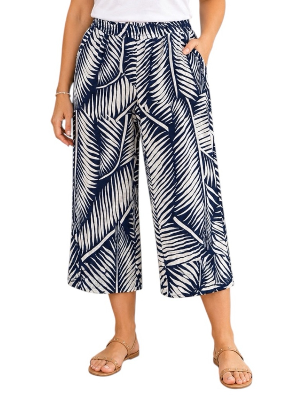 Panama Jack Linen Blend Palm Print Pants XL Wide Leg Coastal Resort Beach